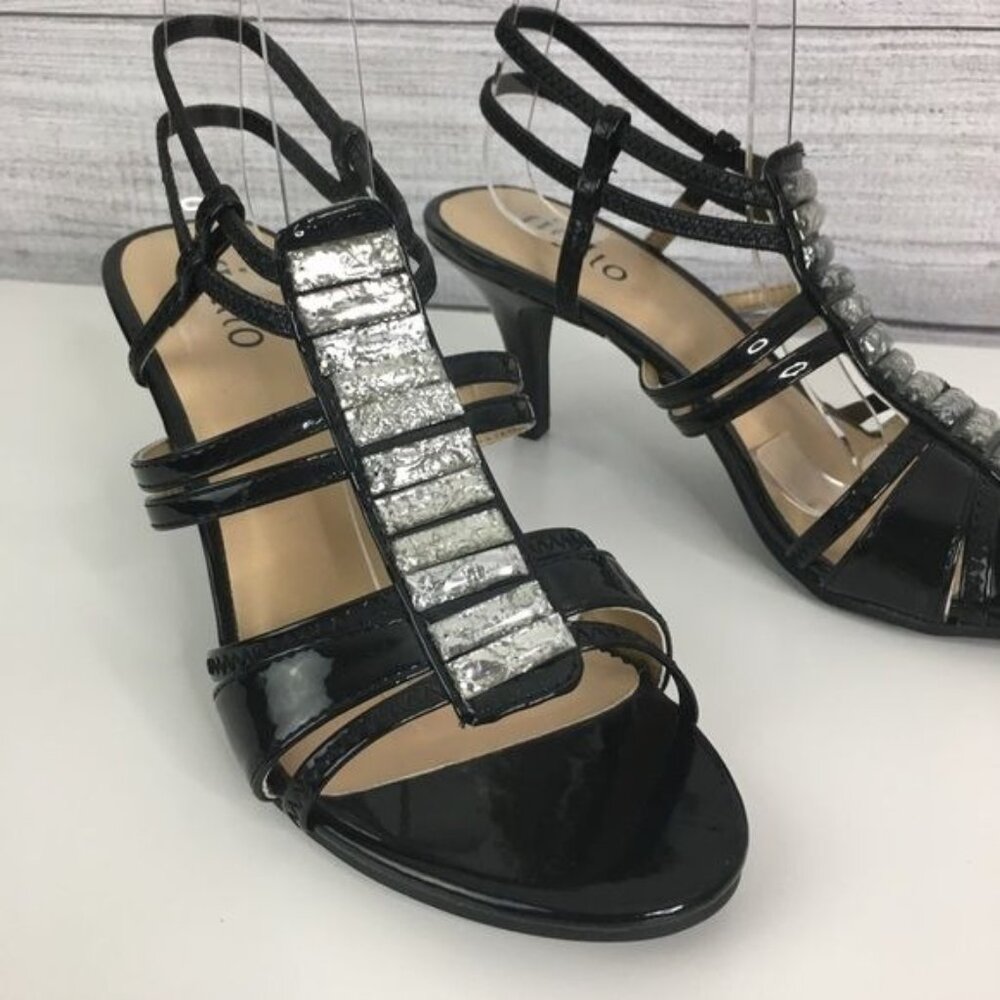 Rialto Sparkle Strappy Kitten Heels 7 Black Shiny Evening Cocktail HOCO Formal
